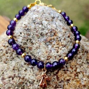 Purple Amethyst and Gold Beaded Bracelet with Angel Charm